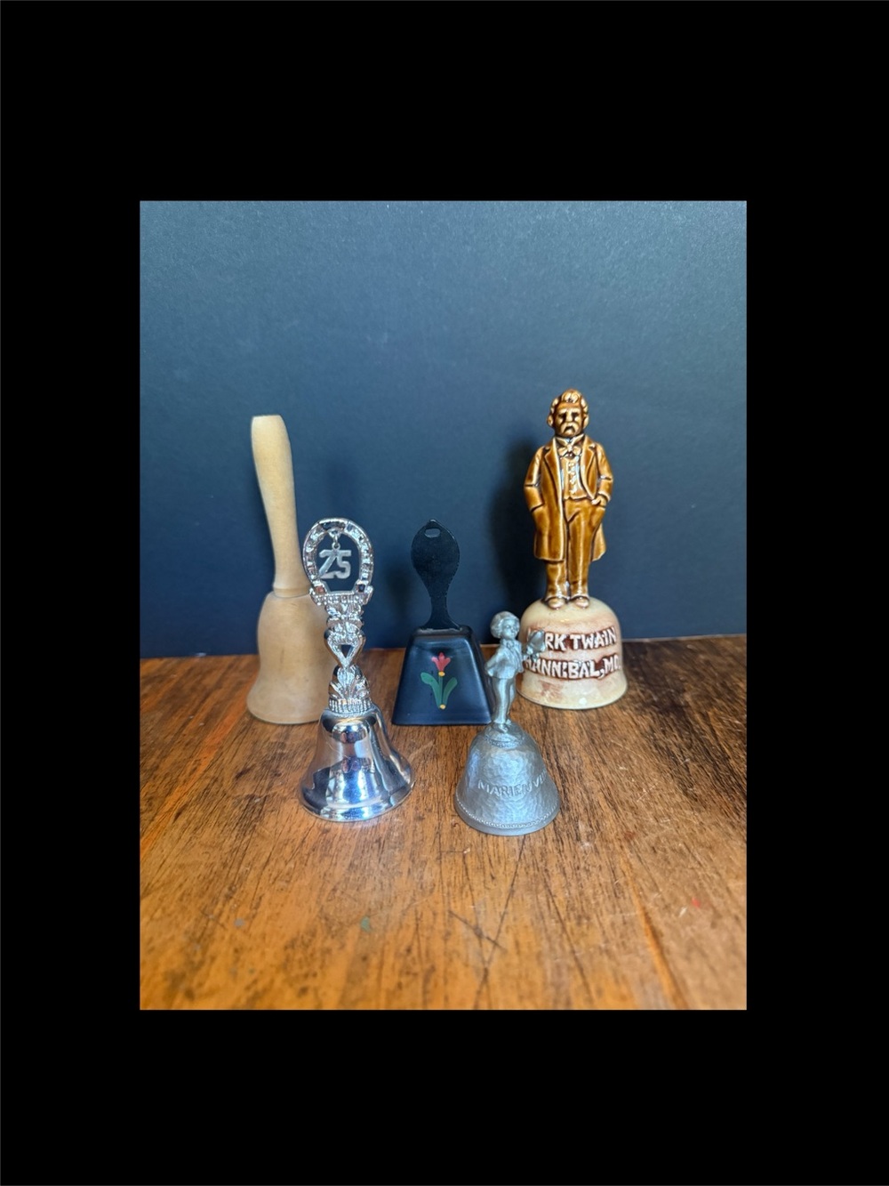 5 Vintage Metal Souvenir Bells Wood, 25 Years, PA, Tole Ware, & Mark Twain